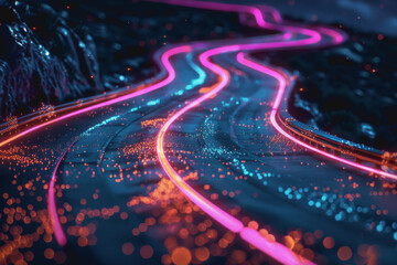 technology roads made out of fiber and network connections. colorful abstract background.