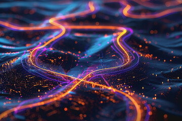 technology roads made out of fiber and network connections. colorful abstract background.