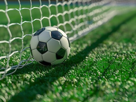 soccer ball in goal, realistic photo, green background