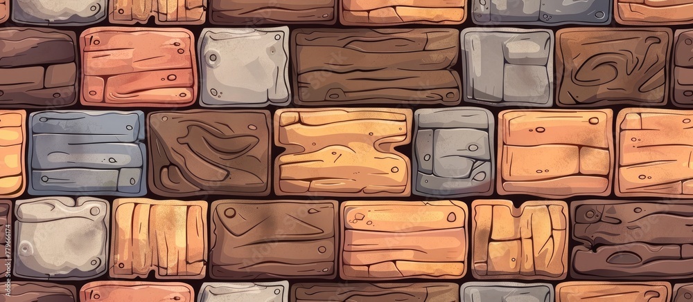 Poster a detailed closeup of a brown hardwood wall made of rectangular wooden blocks. the flooring is craft