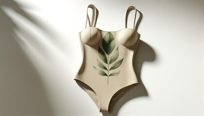 Minimalist Beige Swimsuit with a Single Green Leaf Motif in Soft Natural Light