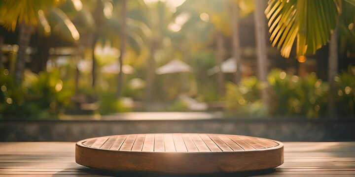 Empty round wooden podium on wooden table opposite tropical spa resort background with palm trees. 4K Video
