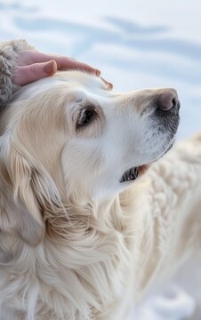 photo of an old golden retriever dog's head being gently petted in the style of his owner, his eyes closed in contentment