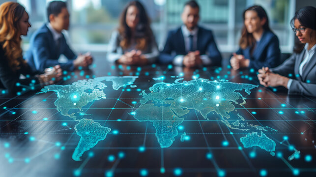 Group of People Studying World Map Around Table