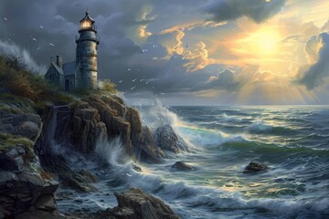 This photo captures a painting of a lighthouse standing tall on a rugged cliff, with the crashing waves below, A quiet lighthouse on a cliff overlooking a rough sea, AI Generated
