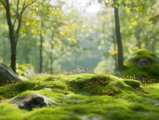 A lush green field with a few rocks and a few trees in the background - obrazy, fototapety, plakaty