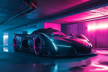 A black sports car is parked in a spacious parking garage surrounded by concrete walls and...