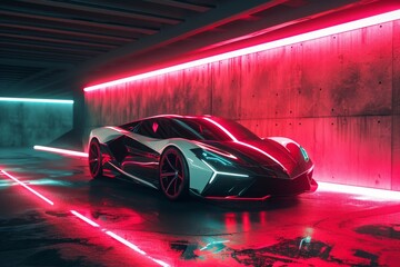 A futuristic sports car parked in a sleek and modern parking garage, A radiant sports car with neon...