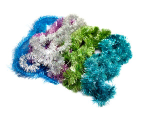 Christmas tree tinsel for New year and Christmas. blue, green, gray, red. on an isolated white...