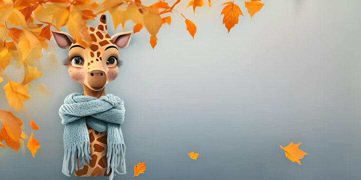 Fall season banner with cute giraffe in knitted scarf on light blue background with yellow autumn leaves. Autumn character. 4K Video