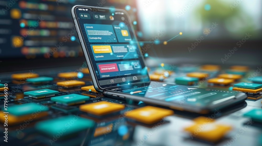 Poster smartphone showing apps amidst a scattered array of computer chips