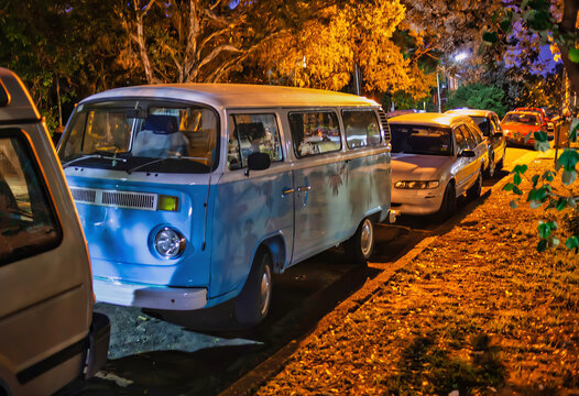 Bondi Beach, Australia - October 18 2009 : A Volkswagen Hippie Surfers Van Camper Parked At Night In A Side Street At Bondi