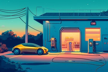 A yellow car is parked in front of a gas station, with the gas pump visible in the background, A repair shop for electric cars, AI Generated