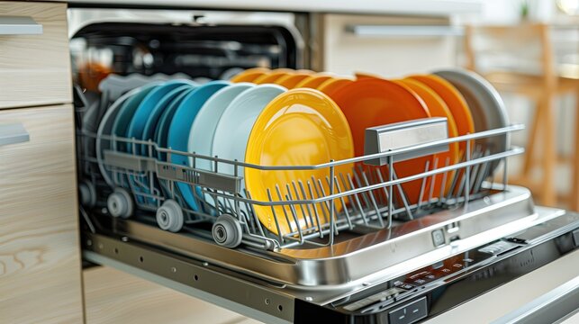 Kitchen appliance filled with plates, silverware and bowls in building.