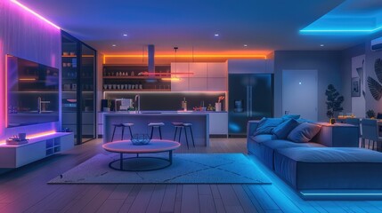 modern lounge with luxury interior room with sofa and kitchen with colorful light in it 