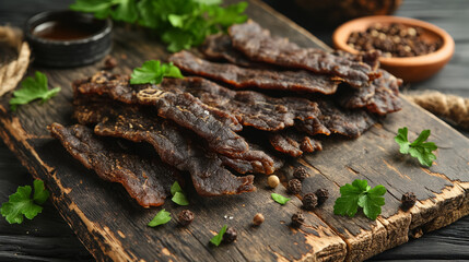 Juicy strips of smoked meat displayed on a rustic wooden board, seasoned with herbs and spices, ready for serving. - obrazy, fototapety, plakaty