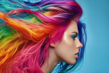 A woman with vibrant-colored hair and striking blue eyes standing confidently, A riotous hairstyle from the 80s, complete with hair spray and bold colors, AI Generated