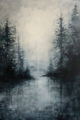 Gemälde eines mysteriösen, dunklen Waldes, geheimnisvolle Bäume im Nebel, Hintergrund für einen Krimi oder Thriller - obrazy, fototapety, plakaty
