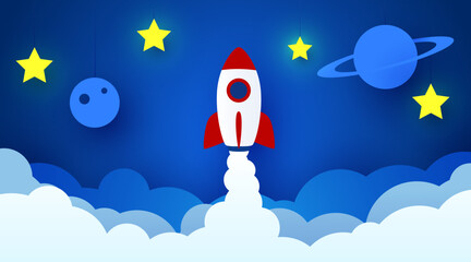 Rocket launch in the sky flying over clouds. Space ship in smoke clouds. Business concept. Start up template. Horizontal background.