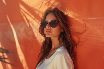 Radiant young woman with flowing hair and oversized sunglasses, enjoying the sunshine against an orange wall.
