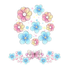 Hand draw set of circle illustration springtime bucket flowers primroses, forget-me-not. Romantic border. Simplycity artwork in romantic style. For invitation, wedding, printing, textile, greeting car