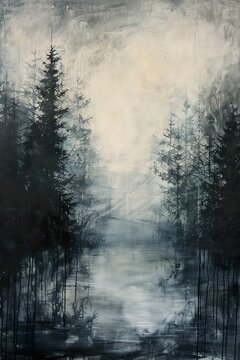Gem&auml;lde eines mysteri&ouml;sen, dunklen Waldes, geheimnisvolle B&auml;ume im Nebel, Hintergrund f&uuml;r einen Krimi oder Thriller