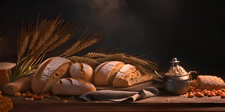 Food banner with home made natural breads. Fresh loafs of bread with ears of rye and wheat on a black background with copy space. 4K Video