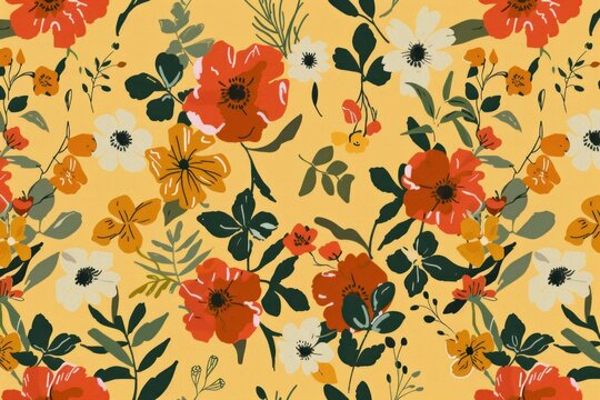 Beautiful Bright Floral Pattern with Orange and Red Flowers on a Yellow Background with Green Leaves and White Flowers