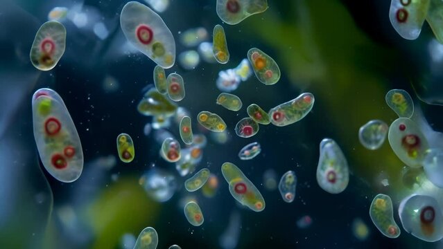 A drop of water with timing protozoa: amoebas, infusoria slippers, euglena under a microscope 