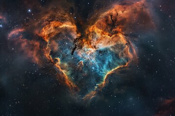 A heart-shaped object floats in the vastness of space, surrounded by stars, planets, and galaxies,...