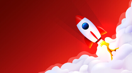 Rocket launch in the sky flying over clouds. Space ship in smoke clouds. Business concept. Start up template. Horizontal background.