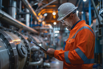 Worker in safety gear using a tablet to monitor nocturnal activities at an industrial plant