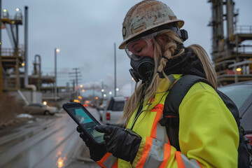 Fototapeta premium Worker in safety gear using a tablet to monitor nocturnal activities at an industrial plant