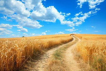 A dirt road stretches through a golden wheat field under a clear blue sky, creating a scenic path, A romantic path winding through a golden wheat field under a blue sky, AI Generated