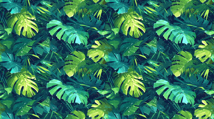 Refreshed tropical foliage after a downpour, seamless, - obrazy, fototapety, plakaty