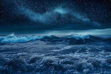 A detailed painting depicting a dark night sky filled with stars and a calm ocean below, A romantic view of ocean waves under a starry sky, AI Generated