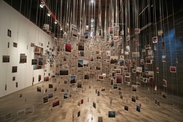 A room filled with an abundance of pictures hanging from the ceiling, showcasing various subjects and moments, A room adorned with strings of romantic Polaroid photographs, AI Generated