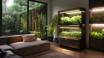 Smart vertical hydroponic shelving system that automatically grows herbs in home interior, glowing with LED lights, urban farming solutions 