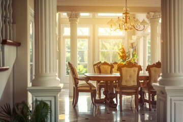 Fototapeta na wymiar Dining room in suburban home with columns.