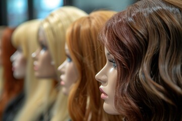 Fototapeta premium A photo showing a straight row of mannequin heads donning long hair in various colors and styles, A row of hair mannequins displaying various styled wigs, AI Generated