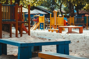 Fototapeta na wymiar Colorful children s playground in park with empty sandbox in foreground No children playing Outdoor play area with sandbox balance and other elemen
