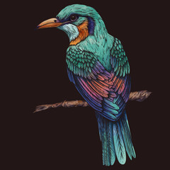 Vintage tropical fantasy bird, isolated hand drawn birds - 779669124