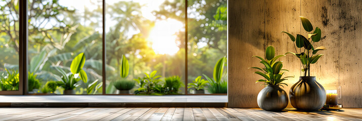 Fresh Spring Greenery and Wooden Texture Background, Nature-Inspired Design with Bright Sunlight, Outdoor and Environmental Concept