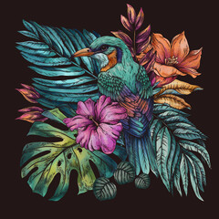 Vintage floral tropical bird, summer vivid flowers - 779669195