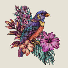 Vintage floral tropical bird, summer vivid flowers - 779669370