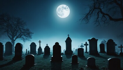 A hauntingly serene graveyard under the soft glow of a full moon, with shadows cast over ancient tombstones in a tranquil night setting.. AI Generation