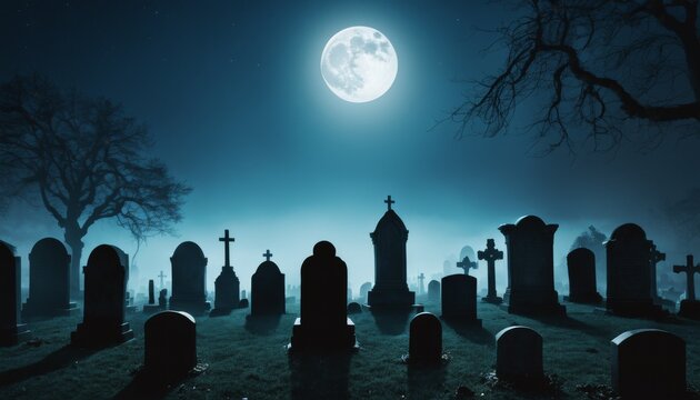 A hauntingly serene graveyard under the soft glow of a full moon, with shadows cast over ancient tombstones in a tranquil night setting.. AI Generation