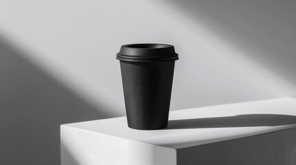 Aesthetic black paper coffee cup with black lid. Light minimalist background with copy space. Take away. Generative AI - obrazy, fototapety, plakaty