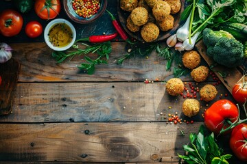 Falafel balls made from chickpeas on a wooden desk surrounded by veggies