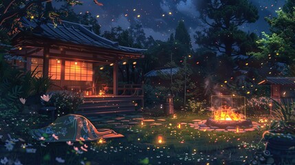 A tranquil evening scene at a traditional Japanese house with a glowing firepit, surrounded by a lush garden. Traditional Japanese House with Evening Firepit Ambiance Lofi anime cartoon


